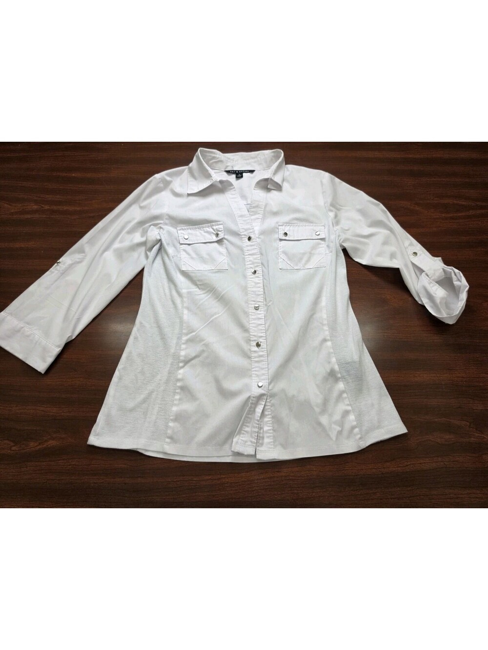 Zac & Rachel Utility Button Down Small Shirt White Roll Tab Sleeves Cargo Pocket